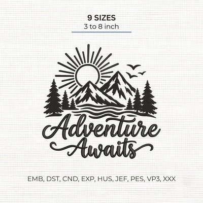 Adventure Awaits Embroidery Design – Mountain Sunrise Pine Forest Outdoor Hiking Camping Machine Embroidery File Embroidery/Applique DESIGNS PatternFeed8 