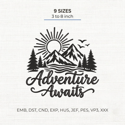 Adventure Awaits Embroidery Design – Mountain Sunrise Pine Forest Outdoor Hiking Camping Machine Embroidery File Embroidery/Applique DESIGNS PatternFeed8 