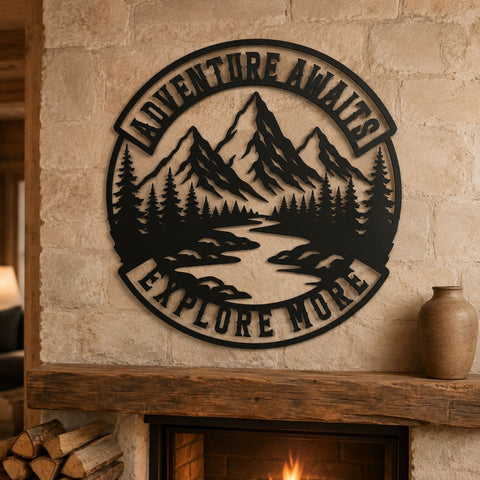 Adventure Awaits Laser SVG | Mountain Scene DXF | Explore More Svg | Camping Metal Sign | Pine Forest CNC File | Outdoor Wall Art SVG HappyDesignStudio 