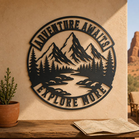 Adventure Awaits Laser SVG | Mountain Scene DXF | Explore More Svg | Camping Metal Sign | Pine Forest CNC File | Outdoor Wall Art SVG HappyDesignStudio 