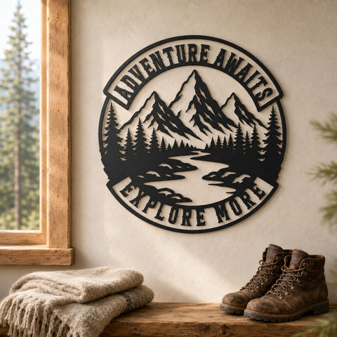 Adventure Awaits Laser SVG | Mountain Scene DXF | Explore More Svg | Camping Metal Sign | Pine Forest CNC File | Outdoor Wall Art SVG HappyDesignStudio 