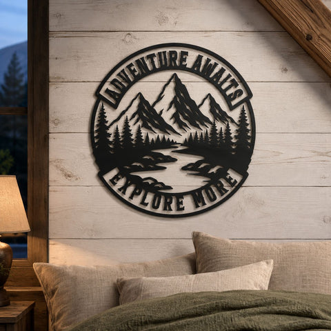 Adventure Awaits Laser SVG | Mountain Scene DXF | Explore More Svg | Camping Metal Sign | Pine Forest CNC File | Outdoor Wall Art SVG HappyDesignStudio 