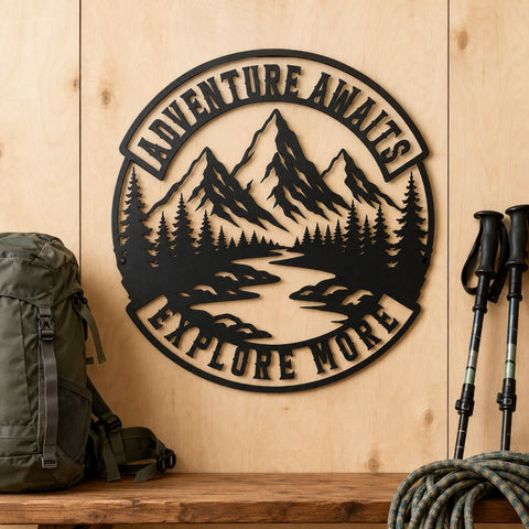 Adventure Awaits Laser SVG | Mountain Scene DXF | Explore More Svg | Camping Metal Sign | Pine Forest CNC File | Outdoor Wall Art SVG HappyDesignStudio 