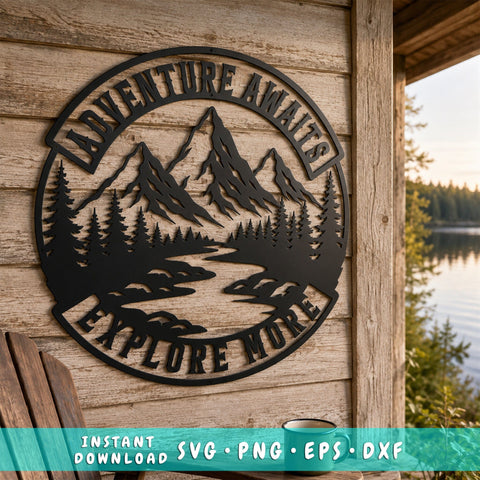 Adventure Awaits Laser SVG | Mountain Scene DXF | Explore More Svg | Camping Metal Sign | Pine Forest CNC File | Outdoor Wall Art SVG HappyDesignStudio 