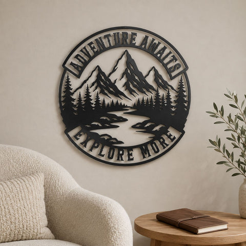 Adventure Awaits Laser SVG | Mountain Scene DXF | Explore More Svg | Camping Metal Sign | Pine Forest CNC File | Outdoor Wall Art SVG HappyDesignStudio 