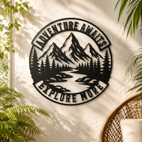 Adventure Awaits Laser SVG | Mountain Scene DXF | Explore More Svg | Camping Metal Sign | Pine Forest CNC File | Outdoor Wall Art SVG HappyDesignStudio 