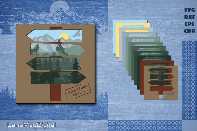 Adventure awaits svg Layered mountains svg Road sign board 3D Paper LanaMagDigital 