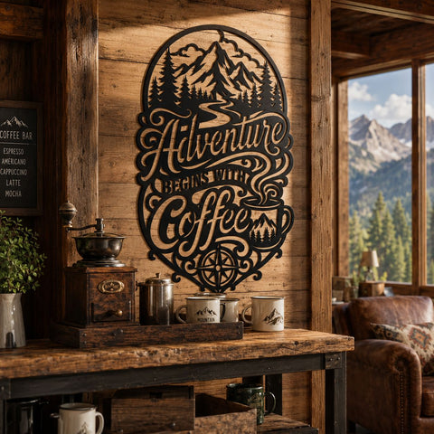 Adventure Begins With Coffee Laser SVG | Mountain Coffee Sign DXF | Laser Cut File for CNC Plasma Cutting | Rustic Coffee Bar Wall Art SVG HappyDesignStudio 