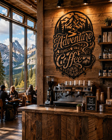 Adventure Begins With Coffee Laser SVG | Mountain Coffee Sign DXF | Laser Cut File for CNC Plasma Cutting | Rustic Coffee Bar Wall Art SVG HappyDesignStudio 