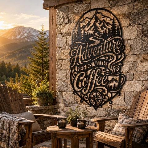 Adventure Begins With Coffee Laser SVG | Mountain Coffee Sign DXF | Laser Cut File for CNC Plasma Cutting | Rustic Coffee Bar Wall Art SVG HappyDesignStudio 
