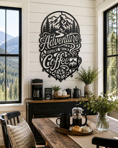 Adventure Begins With Coffee Laser SVG | Mountain Coffee Sign DXF | Laser Cut File for CNC Plasma Cutting | Rustic Coffee Bar Wall Art SVG HappyDesignStudio 