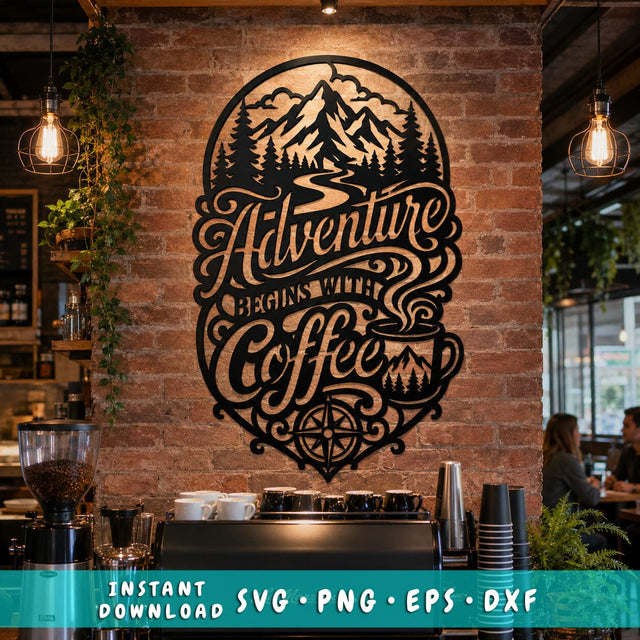 Adventure Begins With Coffee Laser SVG | Mountain Coffee Sign DXF | Laser Cut File for CNC Plasma Cutting | Rustic Coffee Bar Wall Art SVG HappyDesignStudio 