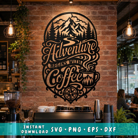 Adventure Begins With Coffee Laser SVG | Mountain Coffee Sign DXF | Laser Cut File for CNC Plasma Cutting | Rustic Coffee Bar Wall Art SVG HappyDesignStudio 