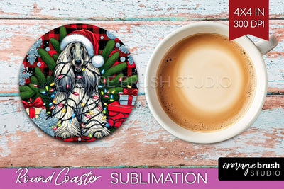 Afghan Hound Funny Christmas Dog Round Coaster Sublimation OrangeBrushStudio 