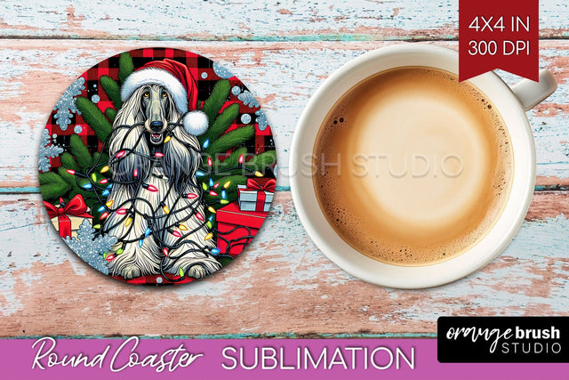 Afghan Hound Funny Christmas Dog Round Coaster Sublimation OrangeBrushStudio 