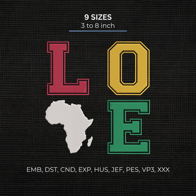 Africa Love Embroidery Design – Colorful LOVE Africa Map Varsity Letter Machine Embroidery File Embroidery/Applique DESIGNS PatternFeed8 