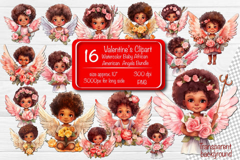 African American angel Clipart Baby Angel Bundle PNG Valentine clipart PNG Illustration Watercolor Sublimation Createya Design 