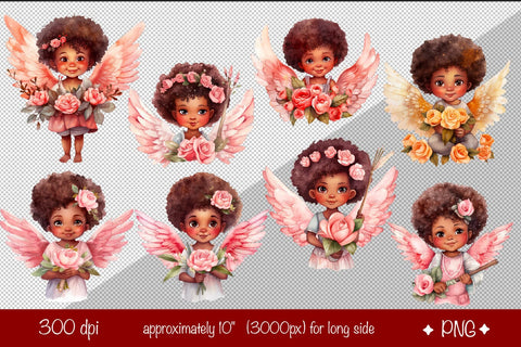 African American angel Clipart Baby Angel Bundle PNG Valentine clipart PNG Illustration Watercolor Sublimation Createya Design 