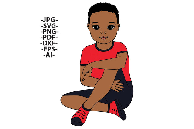 African American Boy Sitting Clipart SVG PNG JPG PDF AI DXF EPS | Cute Black Boy Illustration in Red Outfit SVG 1uniqueminute 
