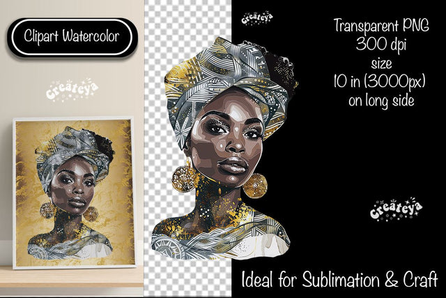African American woman Clipart PNG African queen Transparent png Watercolor Clipart PNG Sublimation Illustration Sublimation Createya Design 