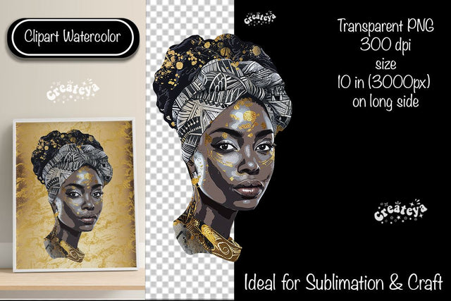 African American woman Clipart PNG African queen Transparent png Watercolor Clipart PNG Sublimation Illustration Sublimation Createya Design 