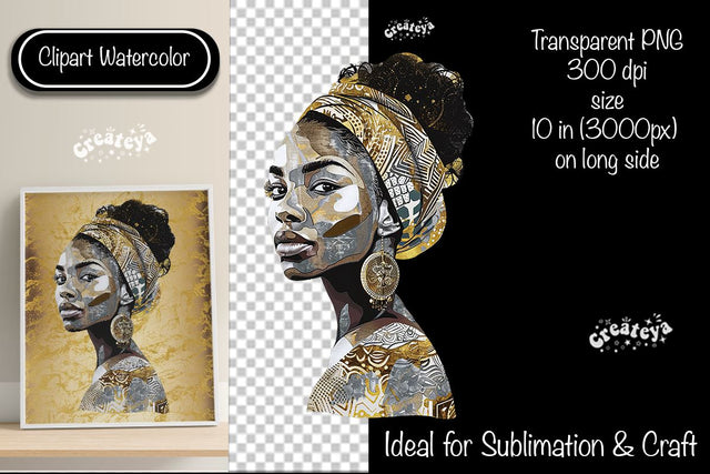 African American woman Clipart PNG African queen Transparent png Watercolor Clipart PNG Sublimation Illustration Sublimation Createya Design 