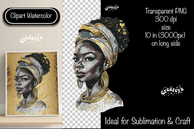 African American woman Clipart PNG African queen Transparent png Watercolor Clipart PNG Sublimation Illustration Sublimation Createya Design 