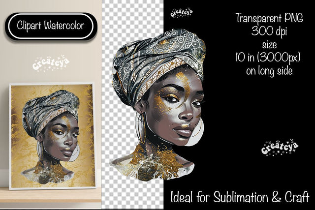 African American woman Clipart PNG African queen Transparent png Watercolor Clipart PNG Sublimation Illustration Sublimation Createya Design 