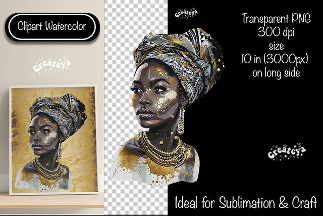 African American woman Clipart PNG African queen Transparent png Watercolor Clipart PNG Sublimation Illustration Sublimation Createya Design 