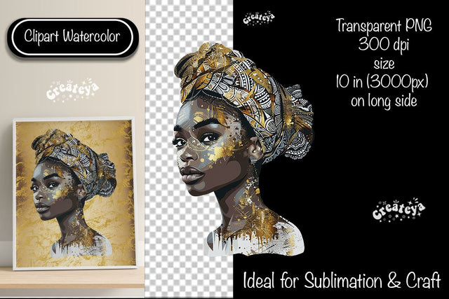 African American woman Clipart PNG African queen Transparent png Watercolor Clipart PNG Sublimation Illustration Sublimation Createya Design 