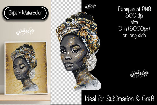 African American woman Clipart PNG African queen Transparent png Watercolor Clipart PNG Sublimation Illustration Sublimation Createya Design 