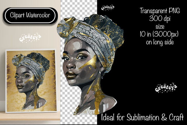 African American woman Clipart PNG African queen Transparent png Watercolor Clipart PNG Sublimation Illustration Sublimation Createya Design 
