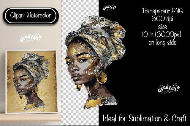African American woman Clipart PNG African queen Transparent png Watercolor Clipart PNG Sublimation Illustration Sublimation Createya Design 