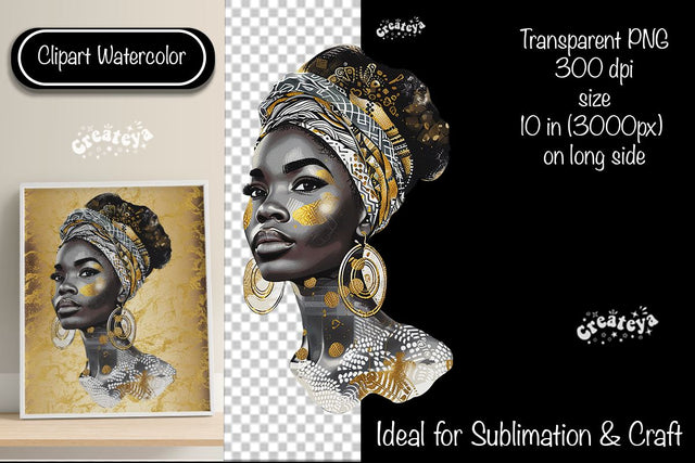 African American woman Clipart PNG African queen Transparent png Watercolor Clipart PNG Sublimation Illustration Sublimation Createya Design 