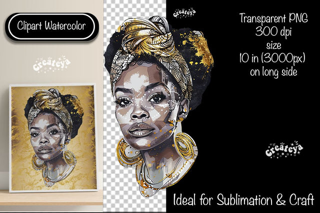 African American woman Clipart PNG African queen Transparent png Watercolor Clipart PNG Sublimation Illustration Sublimation Createya Design 