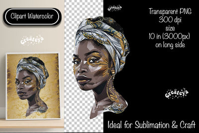 African American woman Clipart PNG African queen Transparent png Watercolor Clipart PNG Sublimation Illustration Sublimation Createya Design 