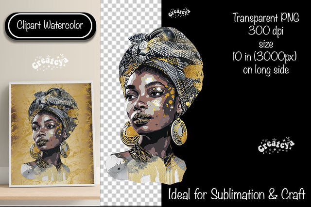 African American woman Clipart PNG African queen Transparent png Watercolor Clipart PNG Sublimation Illustration Sublimation Createya Design 