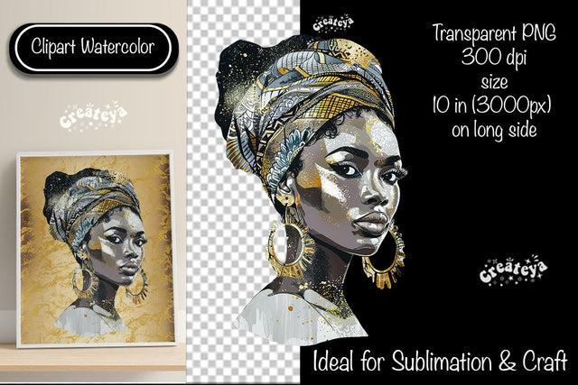 African American woman Clipart PNG African queen Transparent png Watercolor Clipart PNG Sublimation Illustration Sublimation Createya Design 