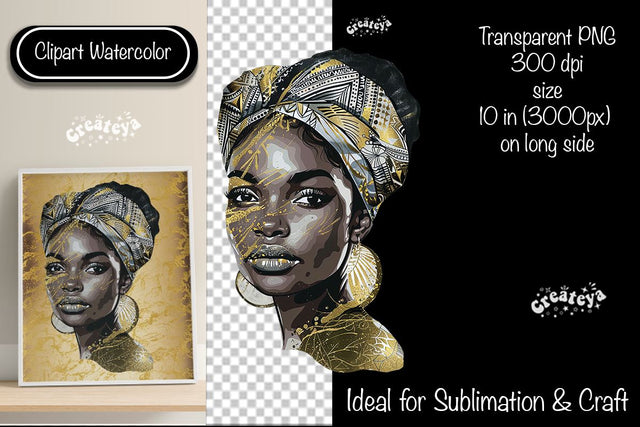 African American woman Clipart PNG African queen Transparent png Watercolor Clipart PNG Sublimation Illustration Sublimation Createya Design 