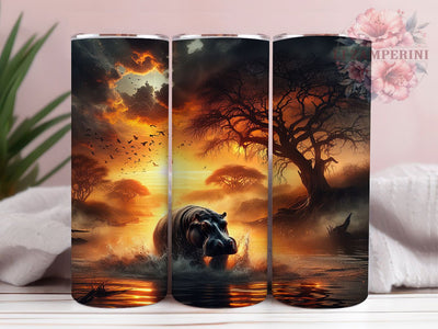 African Sunset Hippo Tumbler, African Wildlife Wrap, Exotic Safari Cup, Artistic Sublimation Design, Nature Gift Tumbler, Sweet Hippo Wrap, Adorable Sunset Cup Sublimation Li Zamperini 