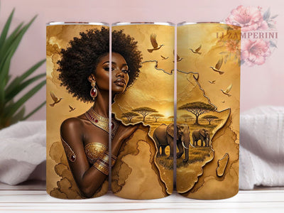 African Woman Golden Map 20oz Tumbler, African Woman Motif, Golden Map Design, Cultural Accent, Sublimation Wrap, 20oz Tumbler, Artistic Aesthetic, Elegant Charm Sublimation Li Zamperini 