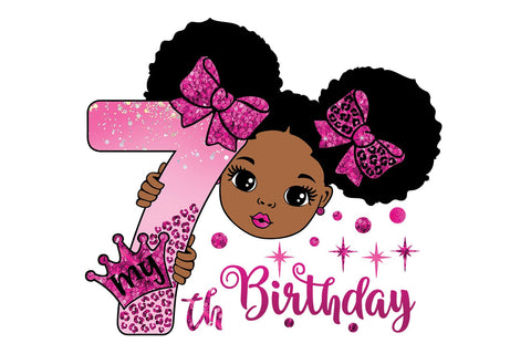 Afro Girl 7th Birthday PNG | Pink Glitter Princess Clipart for Sublimation, Party Decor and T-Shirts SVG 1uniqueminute 