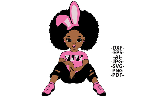 Afro Girl Bunny Ears SVG PNG Black Girl Easter Clipart Cute Sitting Girl Illustration for Cricut Sublimation DXF JPG PDF EPS AI Files SVG 1uniqueminute 