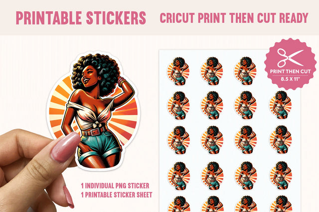 Afro Girl Printable Sticker PNG, 5-Inch Retro Sunburst Sublimation BijouBay 