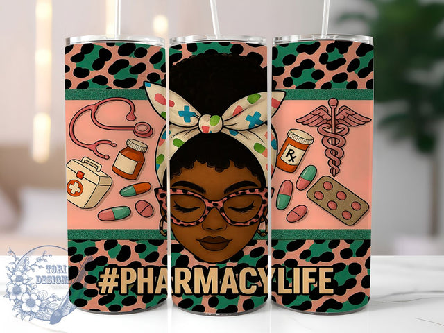 Afro Messy Bun Pharmacy Life Tumbler Wrap, Pharmacy Life Wrap, 20oz Sublimation Tumbler, Healthcare Worker Tumbler, Medical Professional Wrap, Nurse Gift Tumbler, Afro Hair Tumbler Design Sublimation ToriDesigns 