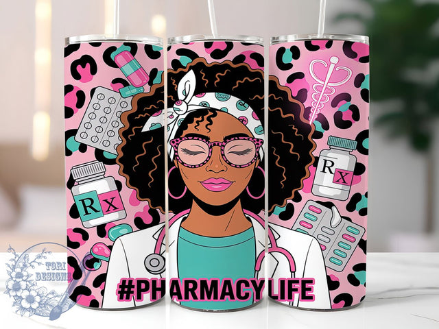 Afro Messy Bun Pharmacy Life Tumbler Wrap, Pharmacy Life Wrap, 20oz Sublimation Tumbler, Healthcare Worker Tumbler, Medical Professional Wrap, Nurse Gift Tumbler, Afro Hair Tumbler Design Sublimation ToriDesigns 