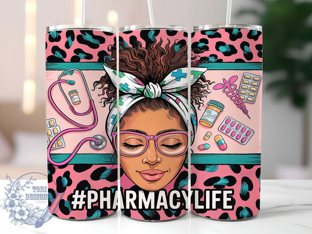 Afro Messy Bun Pharmacy Life Tumbler Wrap, Pharmacy Life Wrap, 20oz Sublimation Tumbler, Healthcare Worker Tumbler, Medical Professional Wrap, Nurse Gift Tumbler, Afro Hair Tumbler Design Sublimation ToriDesigns 