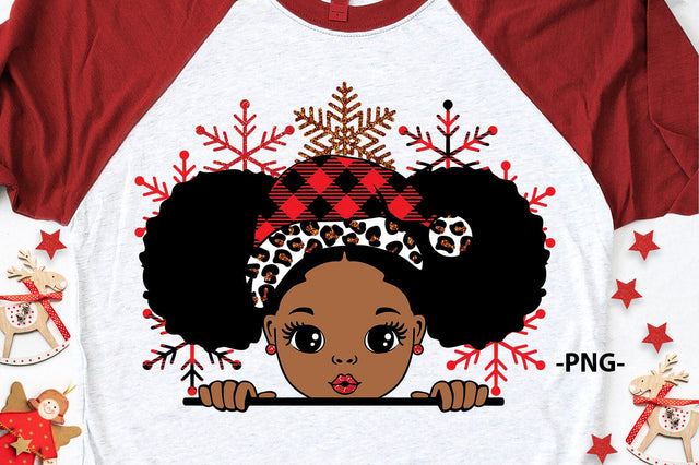 Afro Puff Black Girl Christmas PNG with Snowflakes and Buffalo Plaid Hat for Sublimation Winter Holiday Shirt Design SVG 1uniqueminute 