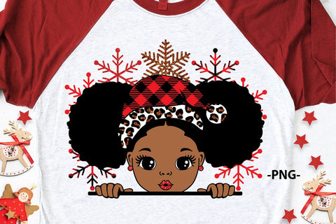 Afro Puff Black Girl Christmas PNG with Snowflakes and Buffalo Plaid Hat for Sublimation Winter Holiday Shirt Design SVG 1uniqueminute 