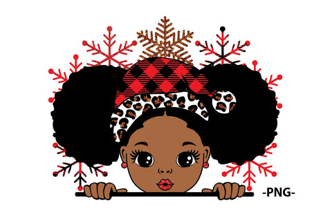 Afro Puff Black Girl Christmas PNG with Snowflakes and Buffalo Plaid Hat for Sublimation Winter Holiday Shirt Design SVG 1uniqueminute 